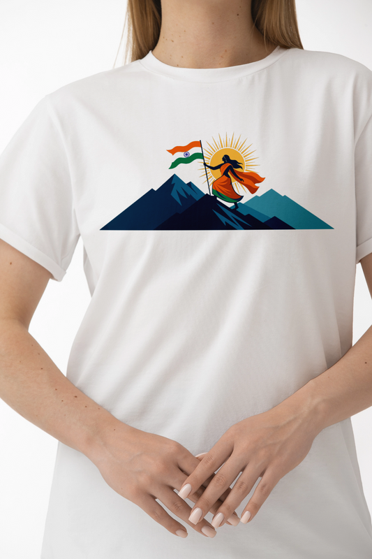 Bharat Mata T-shirt Patriotic design with Tiranga flag and sun rays Beige color – KalakarMod