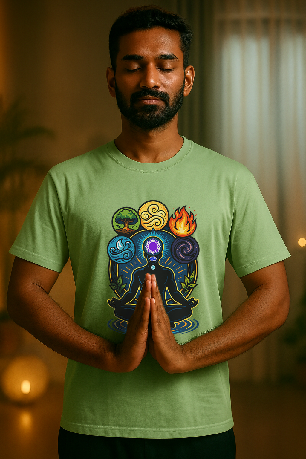 Man wearing a green t-shirt with a colorful chakra design, meditating tee.
