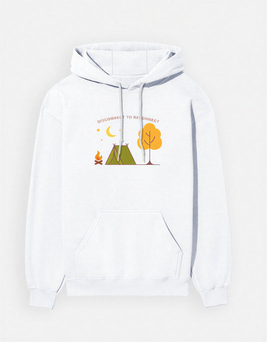 Disconnect to Reconnect Hoodie in White – Minimal Camping Design, Eco Print by KalakarMod