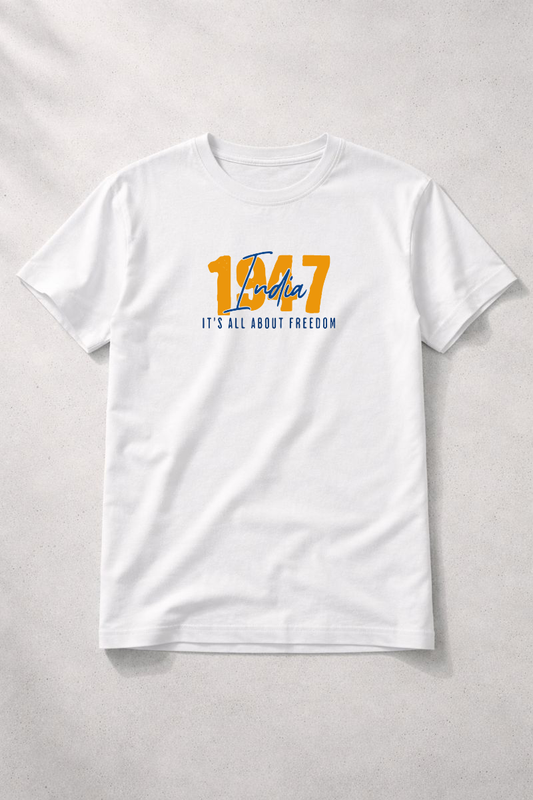 White crew-neck T-shirt with 1947 India Freedom print, front view