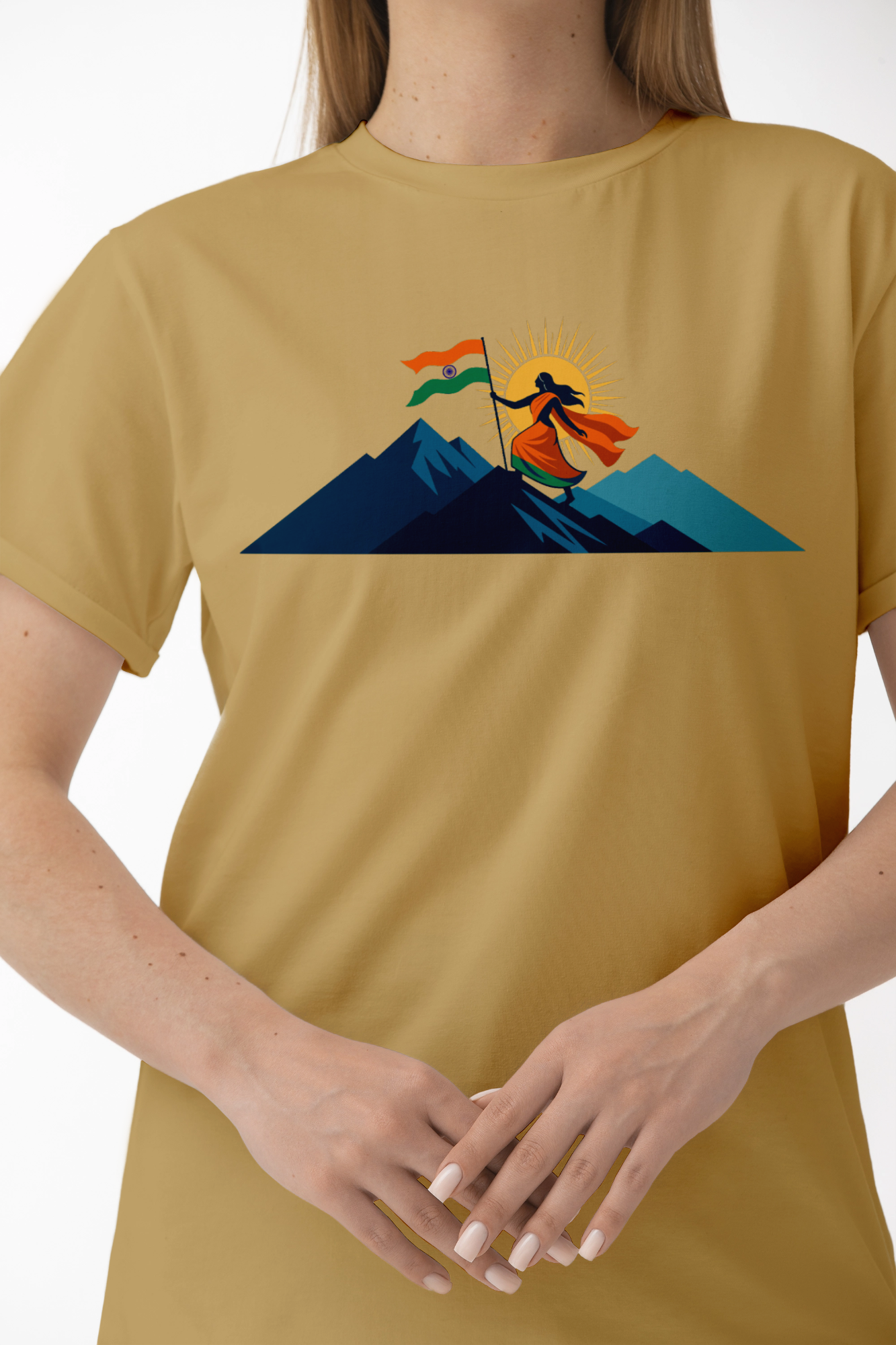 Bharat Mata T-shirt Patriotic design with Tiranga flag and sun rays Beige color – KalakarMod
