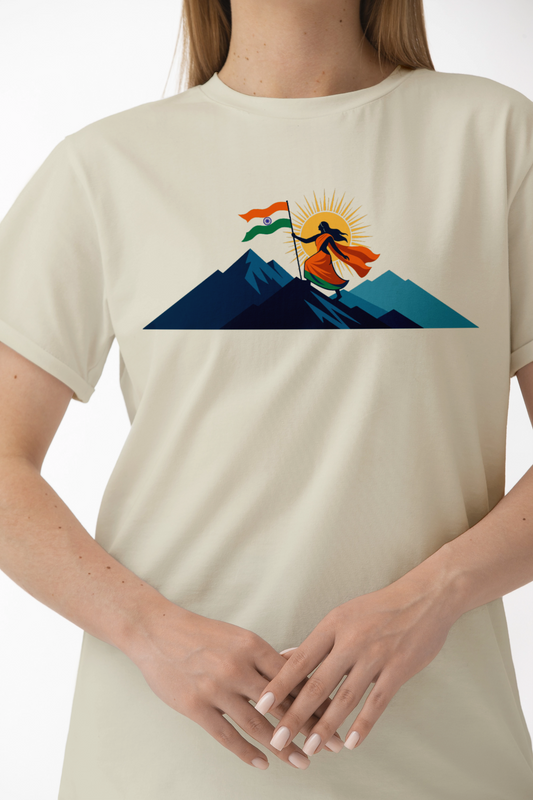 Bharat Mata T-shirt Patriotic design with Tiranga flag and sun rays Beige color – KalakarMod
