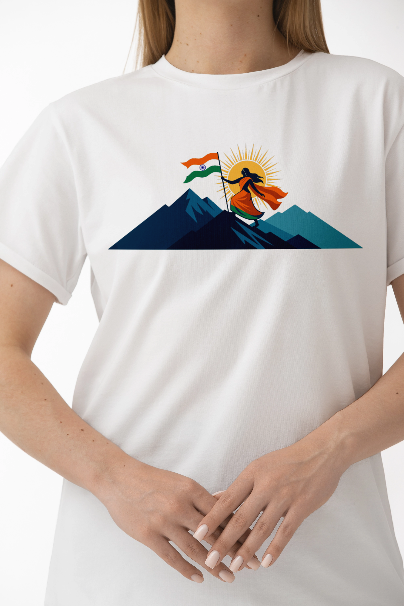 Bharat Mata T-shirt Patriotic design with Tiranga flag and sun rays Beige color – KalakarMod
