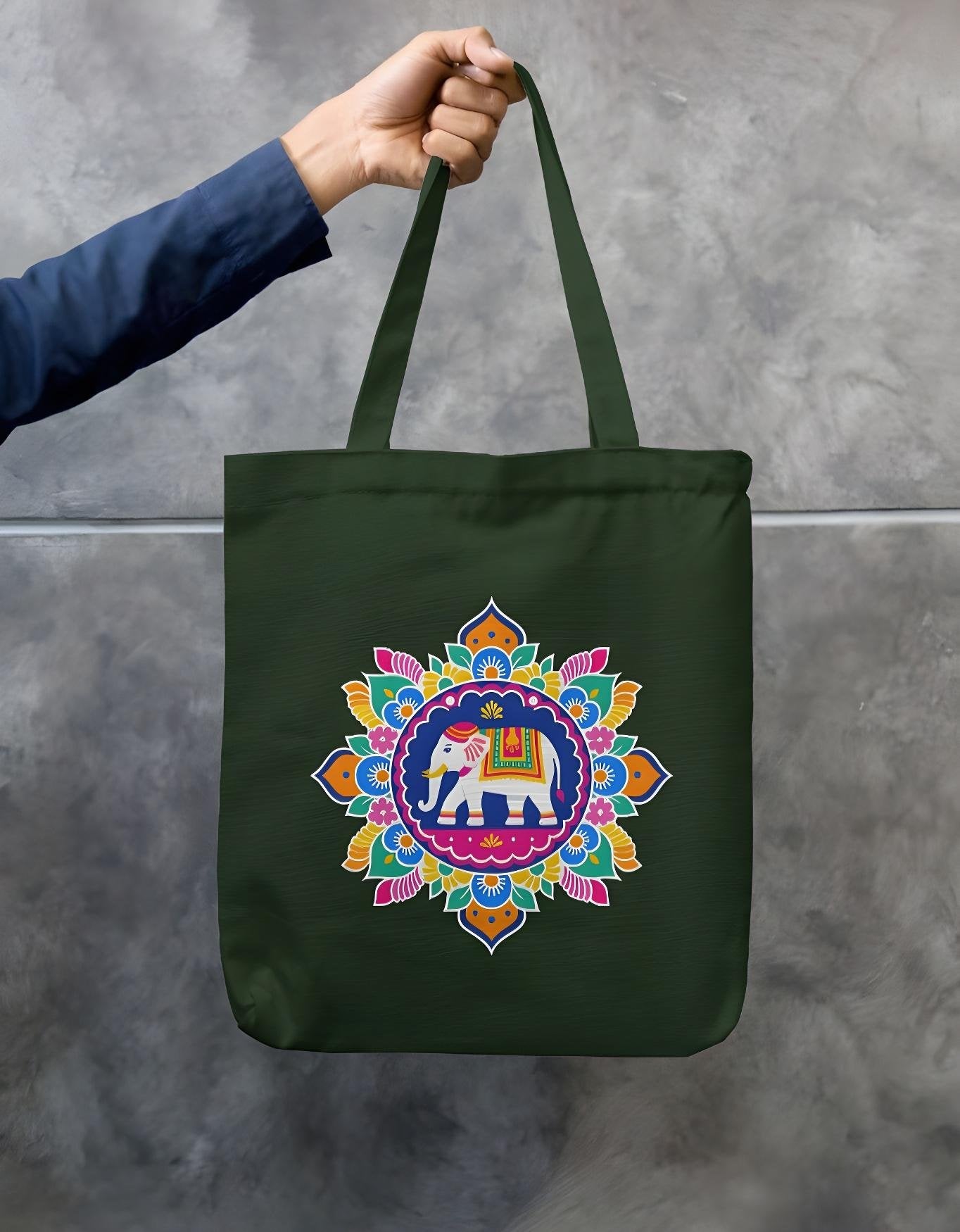 Bottle green cotton tote bag featuring vibrant elephant mandala design, eco-friendly double side print, and secure zipper closure.