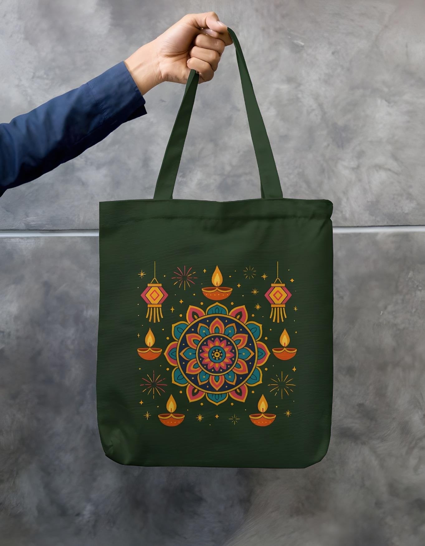 Bottle green cotton canvas Diwali tote bag featuring vibrant mandala and diya artwork, reusable eco-friendly design with secure zipper.