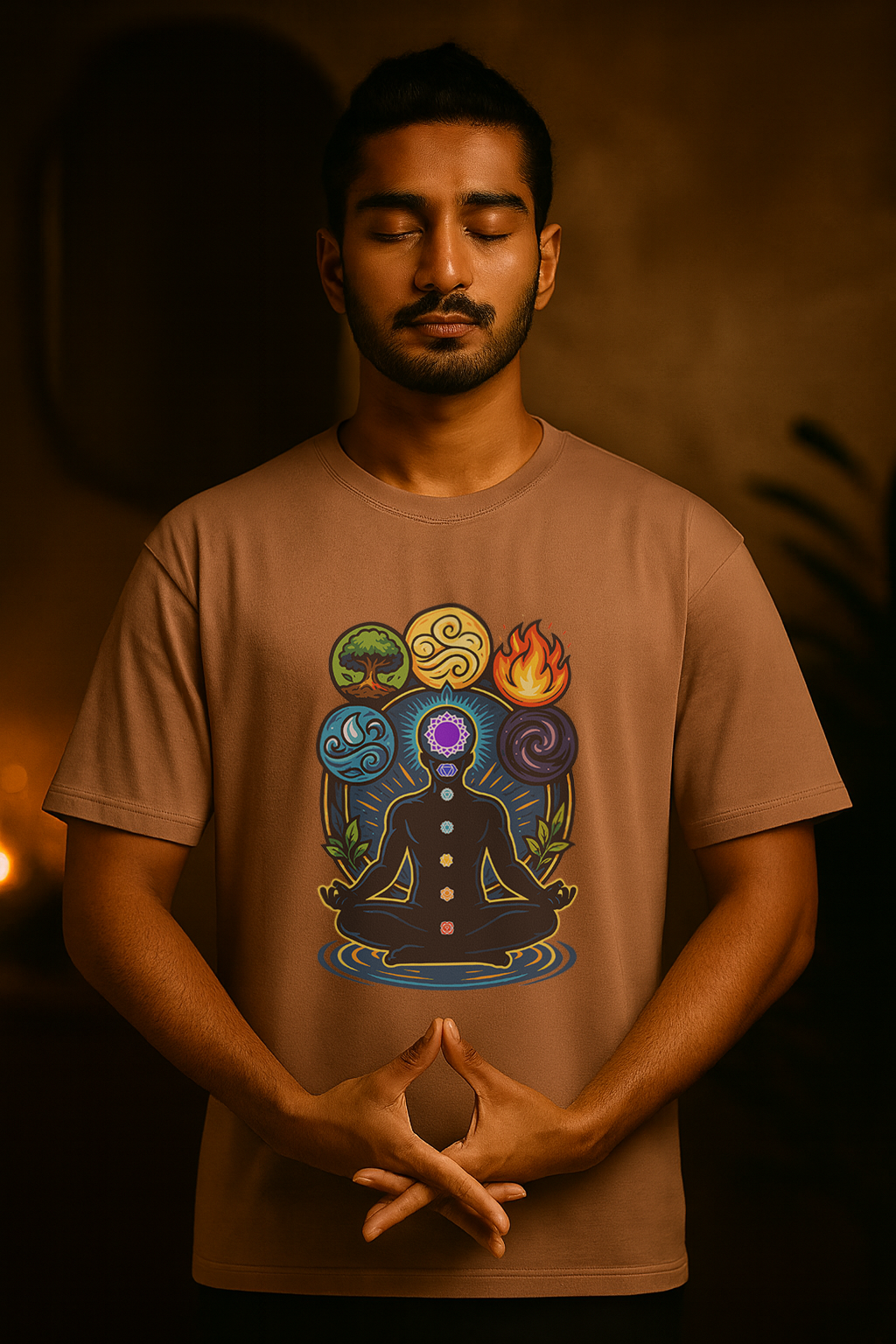 Vibrant chakra artwork on cotton T-shirt – spiritual graphic featuring 7 chakras and five elements, meditation and energy healing apparel.