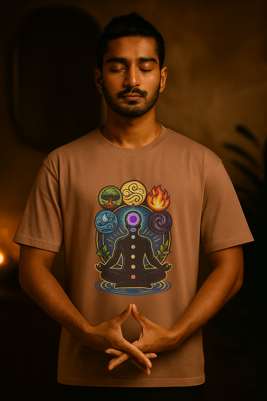 Vibrant chakra artwork on cotton T-shirt – spiritual graphic featuring 7 chakras and five elements, meditation and energy healing apparel.