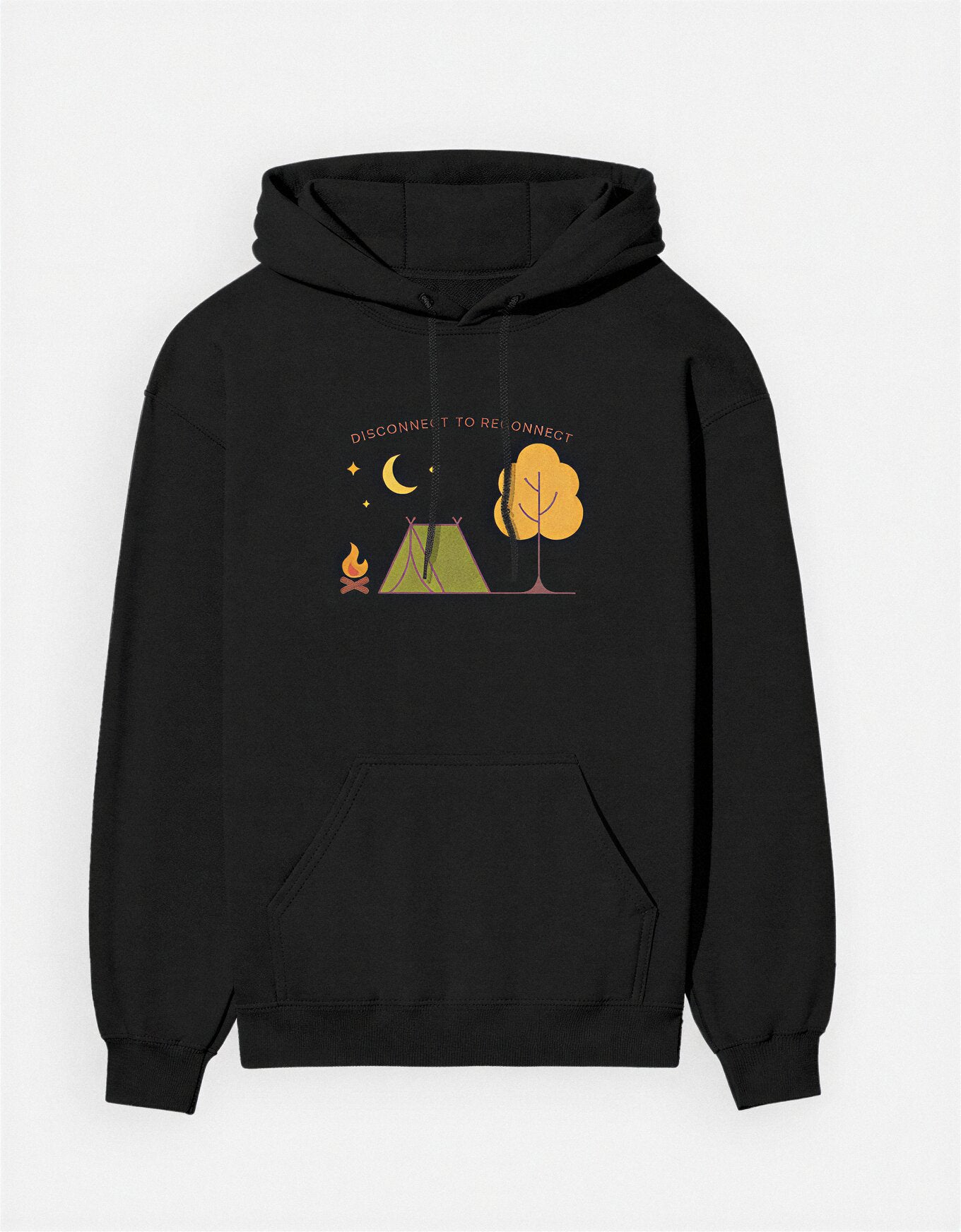 Disconnect to Reconnect Hoodie in Black – Cozy Unisex Camping Sweatshirt by KalakarMod