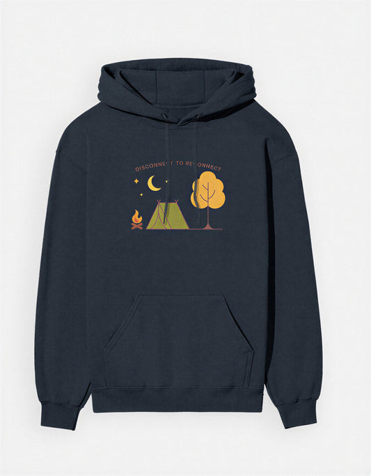 Disconnect to Reconnect Hoodie in Navy Blue – Nature Lover Unisex Hoodie, Outdoor Wear by KalakarMod