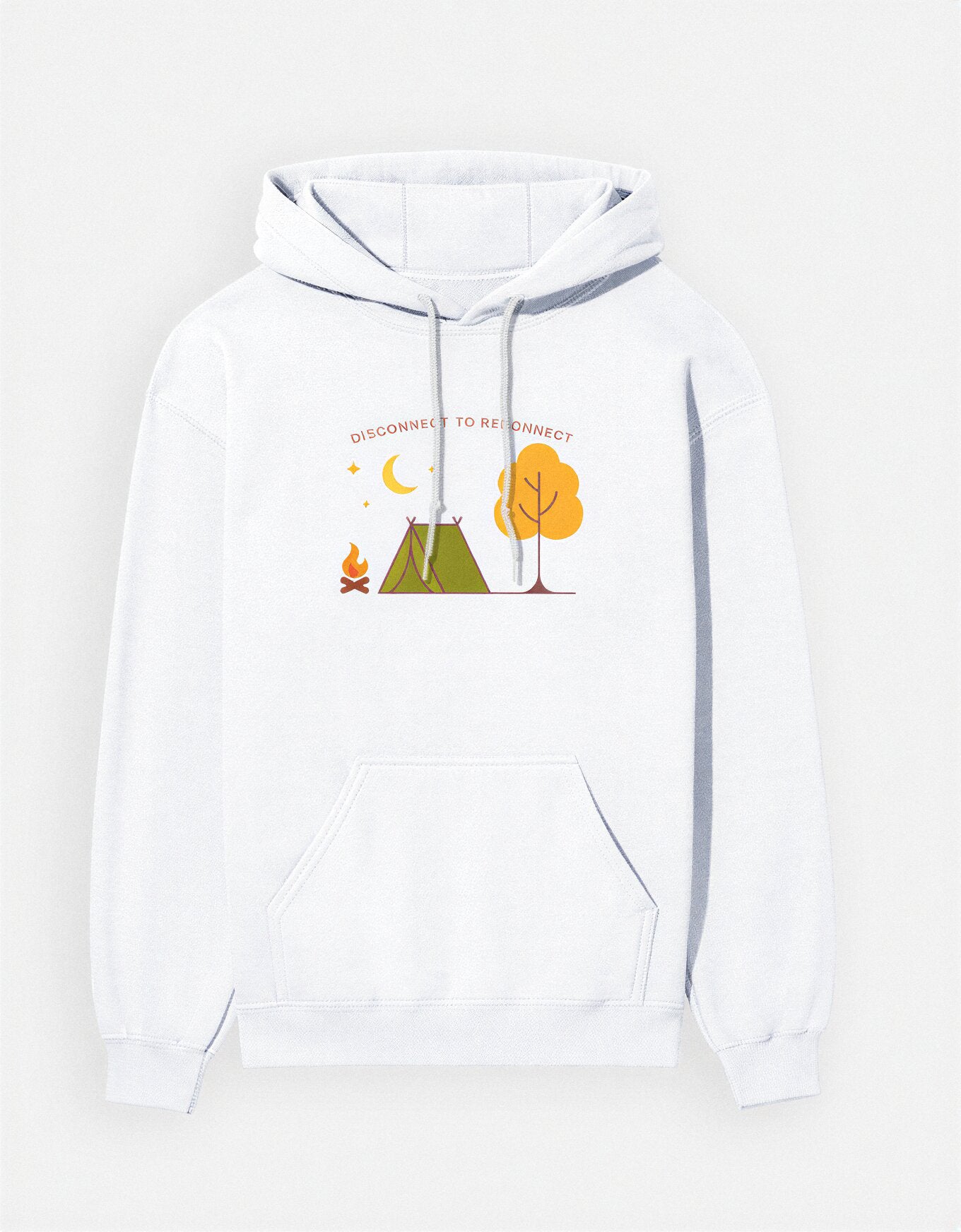 Disconnect to Reconnect Hoodie in White – Minimal Camping Design, Eco Print by KalakarMod