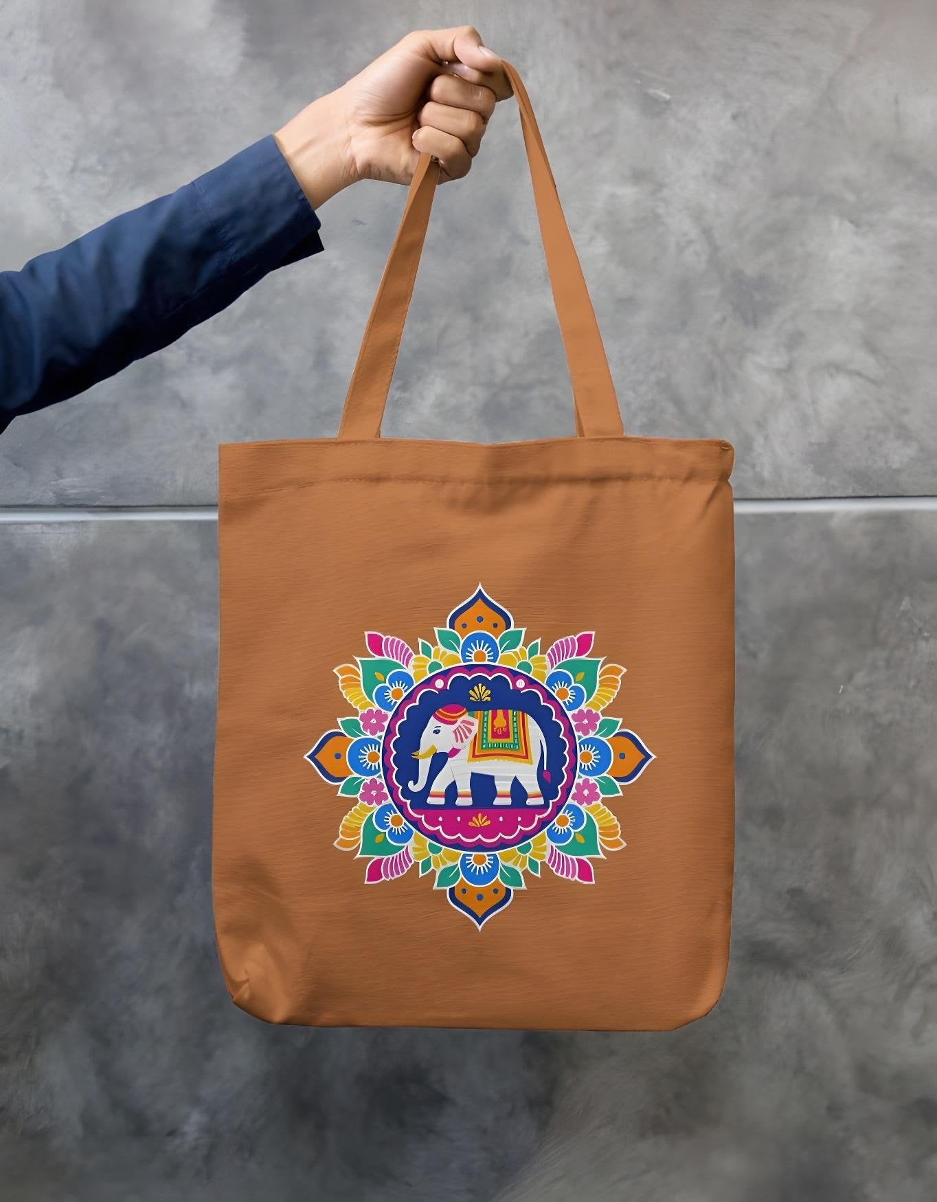 Khaki cotton tote bag featuring colorful elephant mandala print on both sides, reusable eco-friendly bag with zipper for secure carrying.