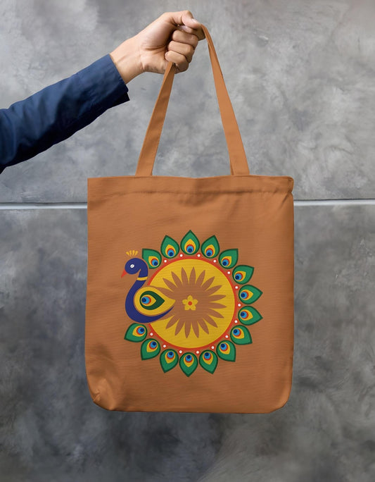 Khaki cotton canvas tote bag with bright peacock mandala artwork, reusable double side print, and zipper closure – durable eco conscious tote.