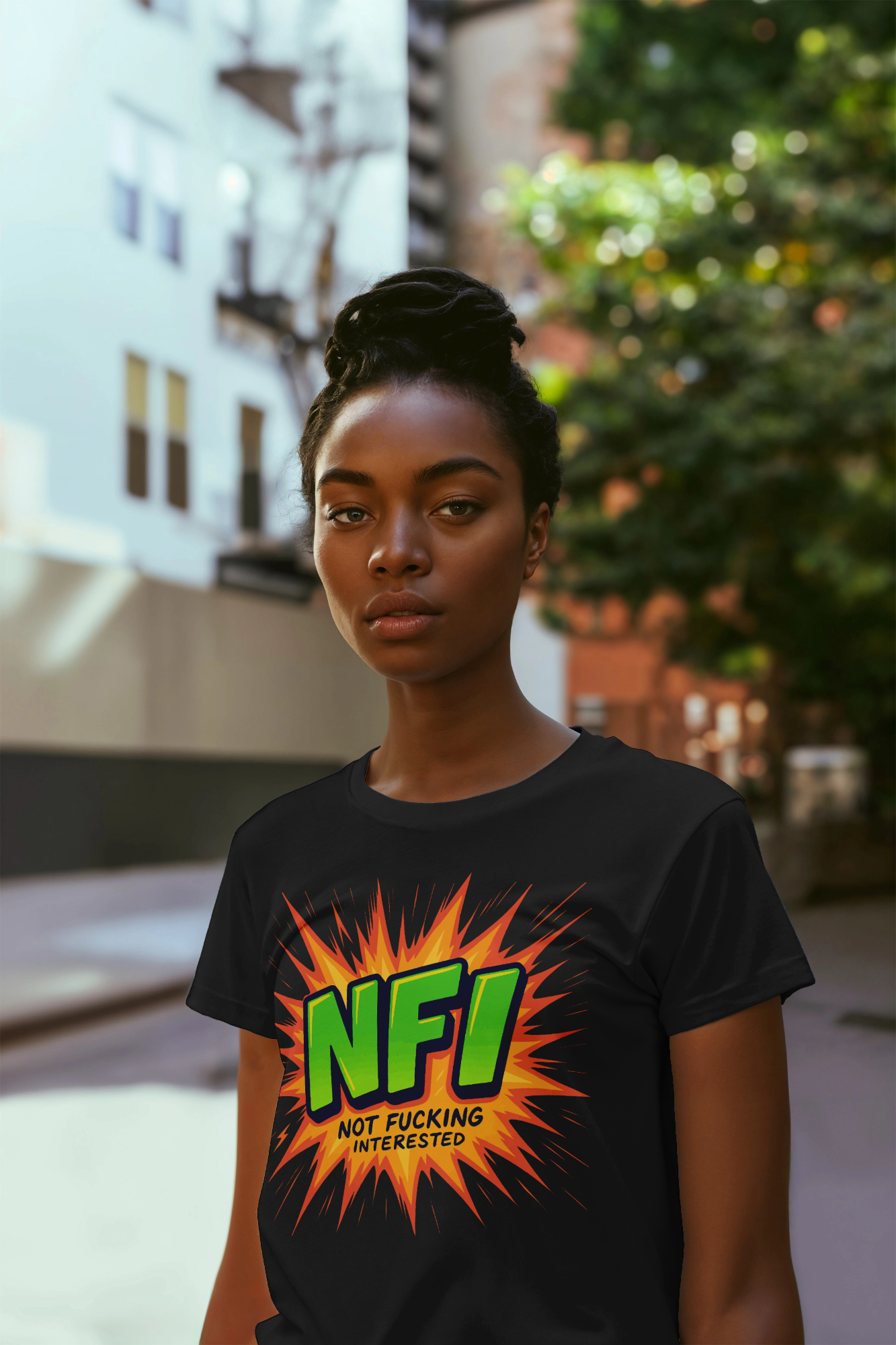 NFI t-shirt by KalakarMod featuring bold comic-style pop art Not F***ing Interested meme tee for unapologetic Gen Z fashion