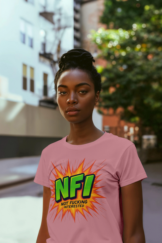 NFI t-shirt by KalakarMod featuring bold comic-style pop art Not F***ing Interested meme tee for unapologetic Gen Z fashion