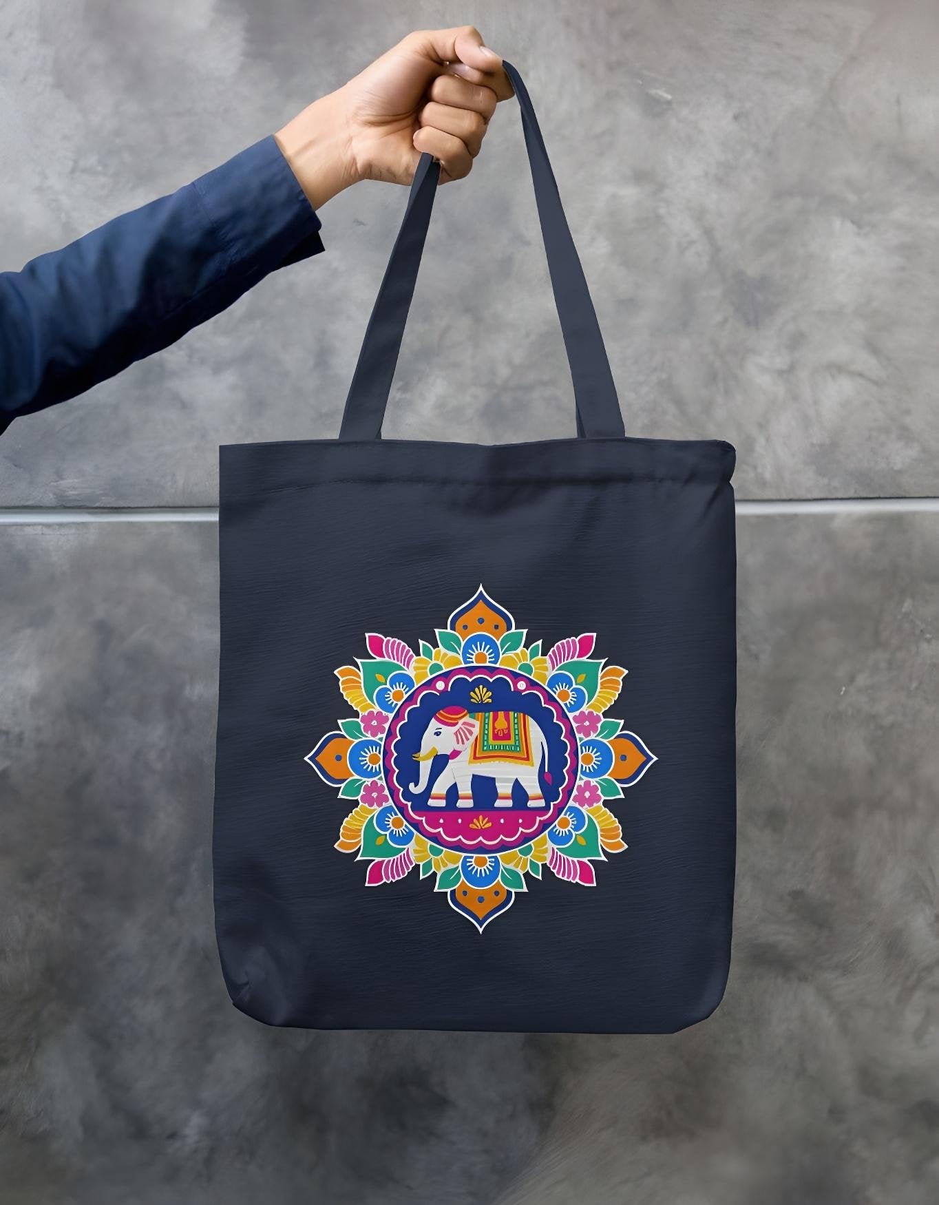 Navy blue cotton canvas tote bag with intricate elephant mandala artwork on both sides, durable with zipper closure – eco-conscious shopping bag.