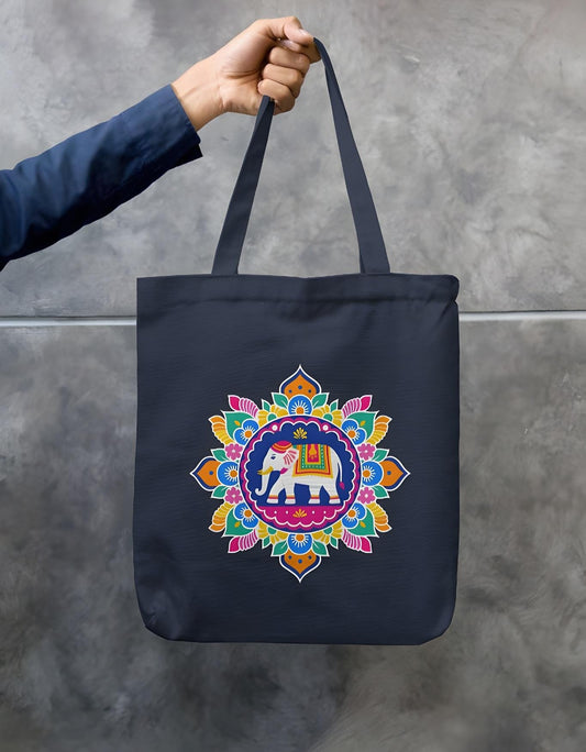 Navy blue cotton canvas tote bag with intricate elephant mandala artwork on both sides, durable with zipper closure – eco-conscious shopping bag.