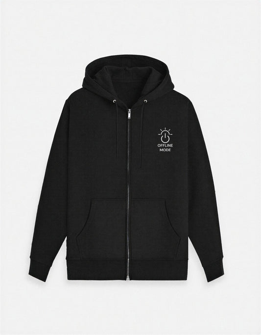 Black unisex zip hoodie with minimal “Offline Mode” glow-in-the-dark emblem on chest – KalakarMod streetwear