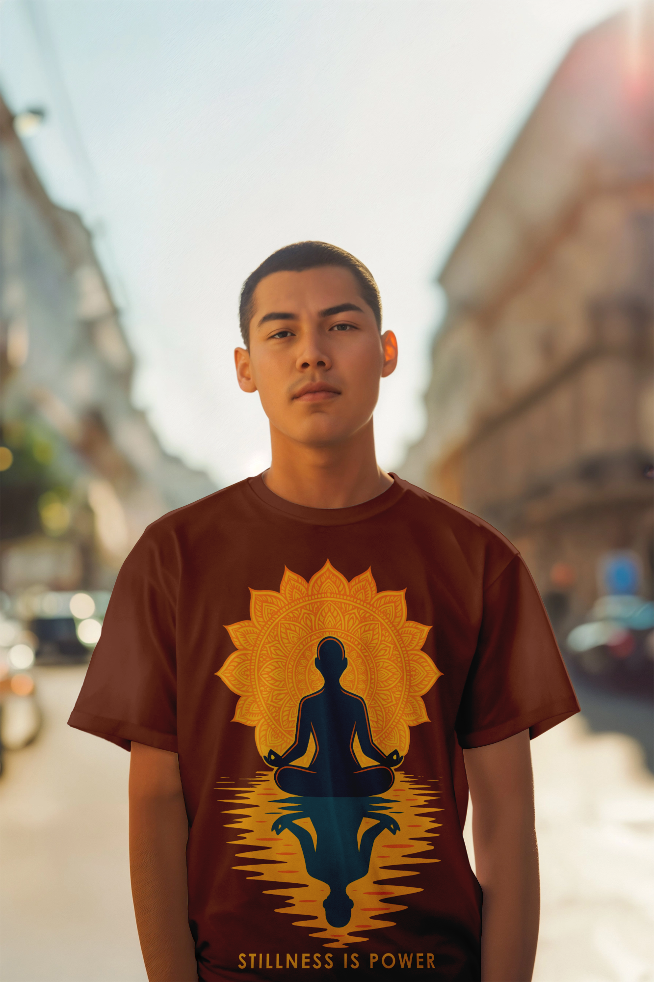 Stillness Is Power T-shirt by KalakarMod featuring meditative yogi silhouette with mandala sun, spiritual cotton tee for yoga and mindfulness