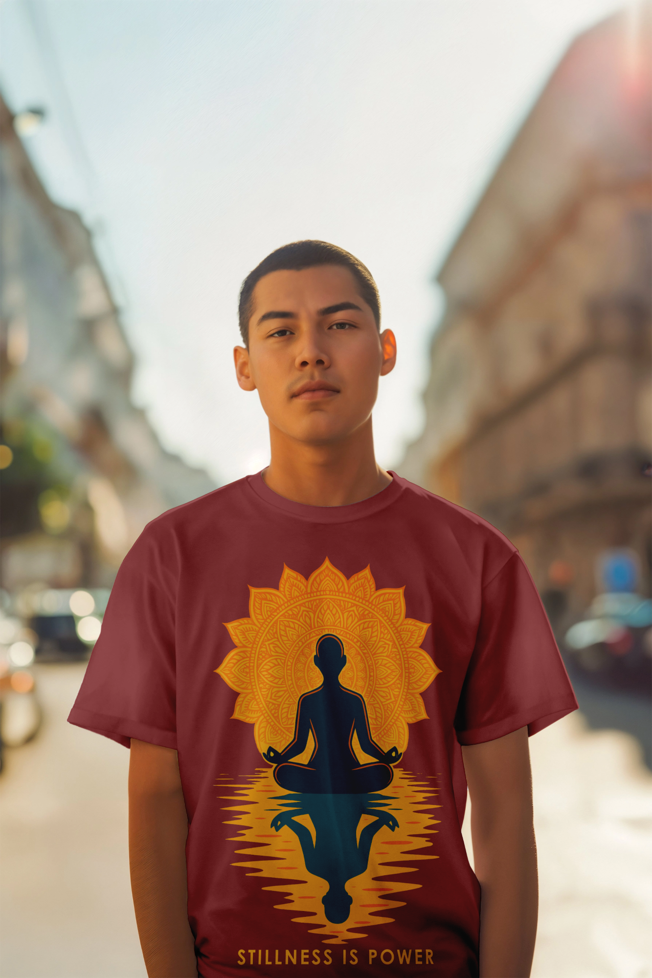 Stillness Is Power T-shirt by KalakarMod featuring meditative yogi silhouette with mandala sun, spiritual cotton tee for yoga and mindfulness
