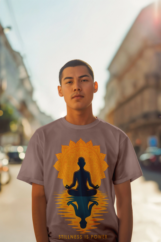 Stillness Is Power T-shirt by KalakarMod featuring meditative yogi silhouette with mandala sun, spiritual cotton tee for yoga and mindfulness