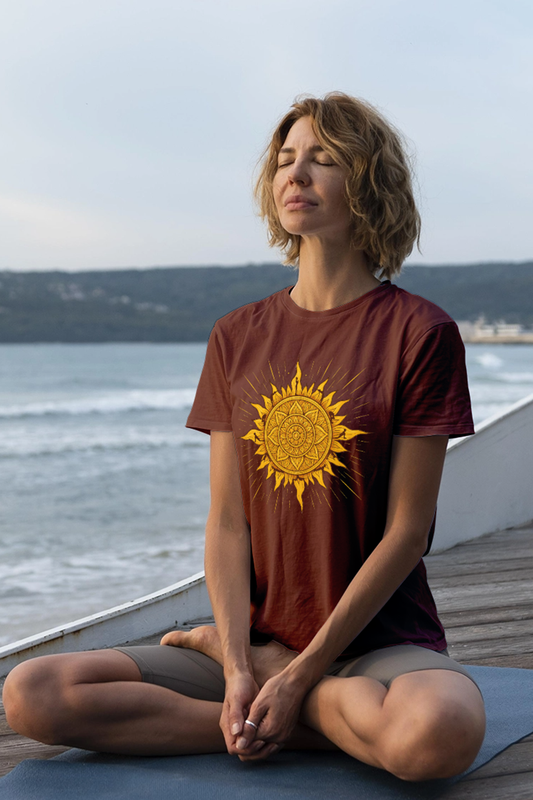 Surya Namaskar T-shirt by KalakarMod featuring radiant mandala sun design spiritual cotton tee inspired by sun salutation yoga practice