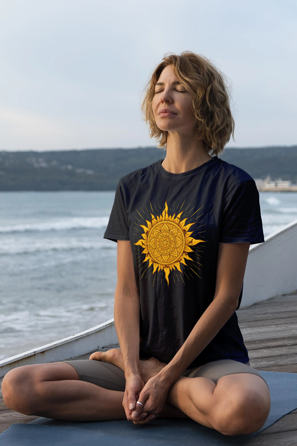 Surya Namaskar T-shirt by KalakarMod featuring radiant mandala sun design spiritual cotton tee inspired by sun salutation yoga practice