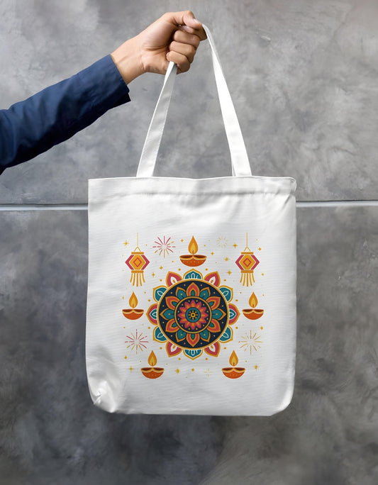 White cotton canvas Diwali tote bag with colorful mandala and festive diya print, double sided design, eco friendly with zipper closure.