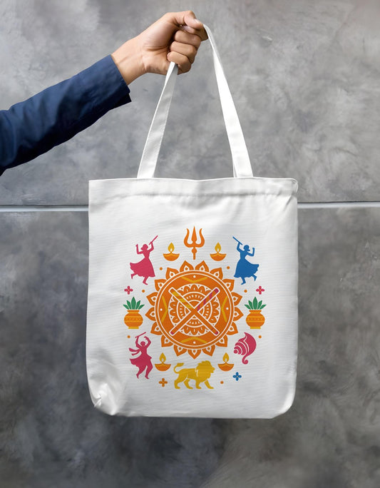 Navratri special tote bag on white cotton canvas with dual-side mandala and festive symbols, eco-friendly and reusable.