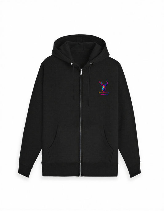 Black unisex zip hoodie with multicolor stag emblem and Wildness Within text by KalakarMod 400 GSM cotton streetwear hoodie made in India.