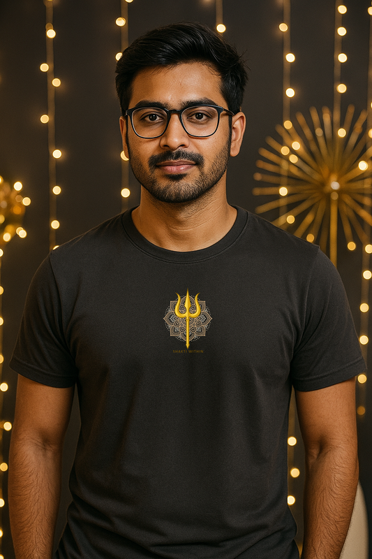 Indian male model wearing a black Navratri special T-shirt with golden Trishul design on chest, festive decorative lights in background. Premium cotton fabric, sharp festive streetwear look.