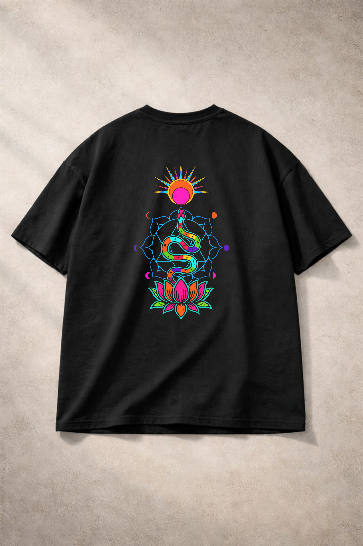 Black oversized Kundalini Chakra T-shirt back serpent artwork