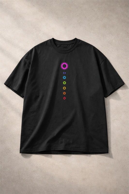 Black oversized Kundalini Chakra T-shirt front chakra line