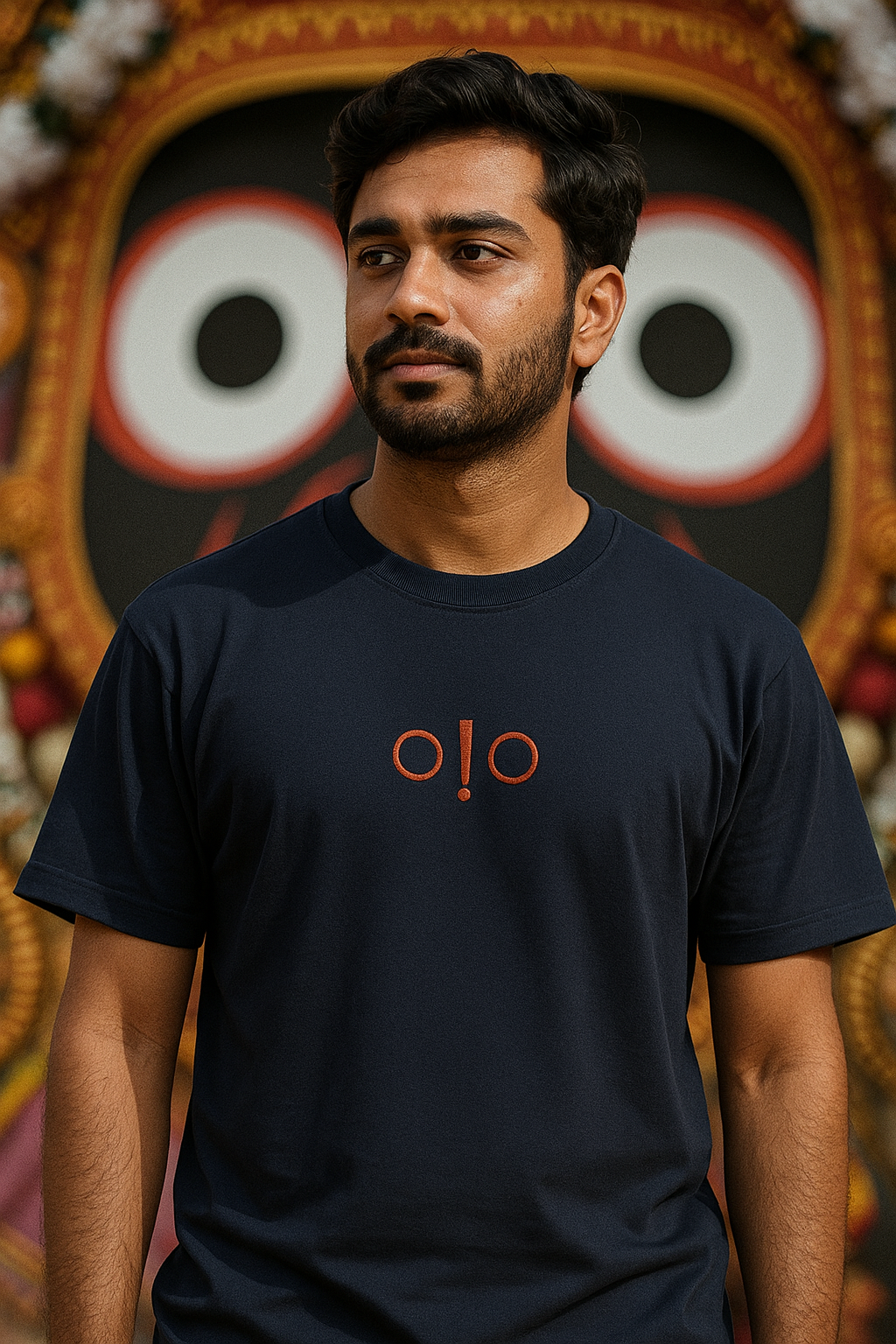 Navy blue embroidered Lord Jagannath T-shirt from KalakarMod’s Aag & Aatma collection, inspired by sacred geometry.