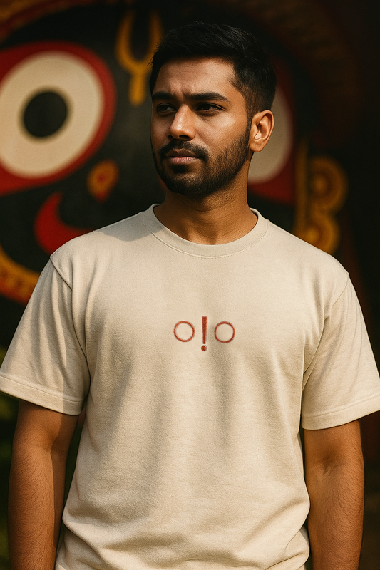embroidered Lord Jagannath eyes and tilak design on cotton T-shirt, devotional minimal fashion.