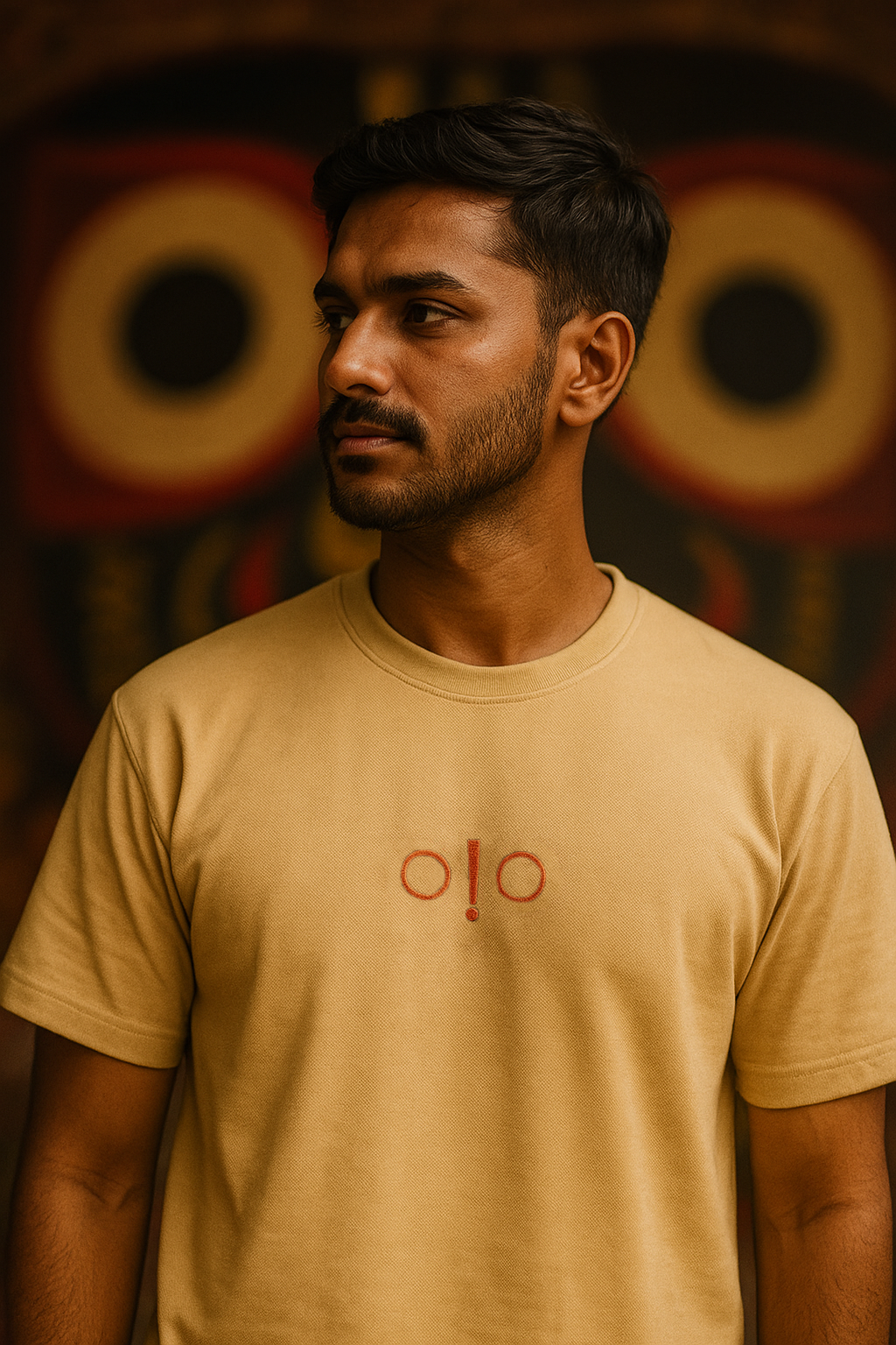 Indian male model wearing a white embroidered Lord Jagannath T-shirt with divine eyes and tilak design, modern spiritual streetwear.