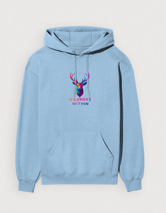Baby blue unisex hoodie with colorful stag logo and Wildness Within typography 300 GSM cotton hoodie from KalakarMod Aag & Aatma collection.