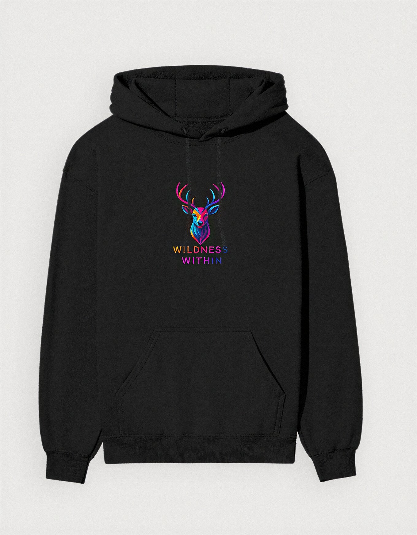 Black unisex hoodie with vibrant multicolor stag emblem and Wildness Within text by KalakarMod – 300 GSM cotton streetwear hoodie made in India.
