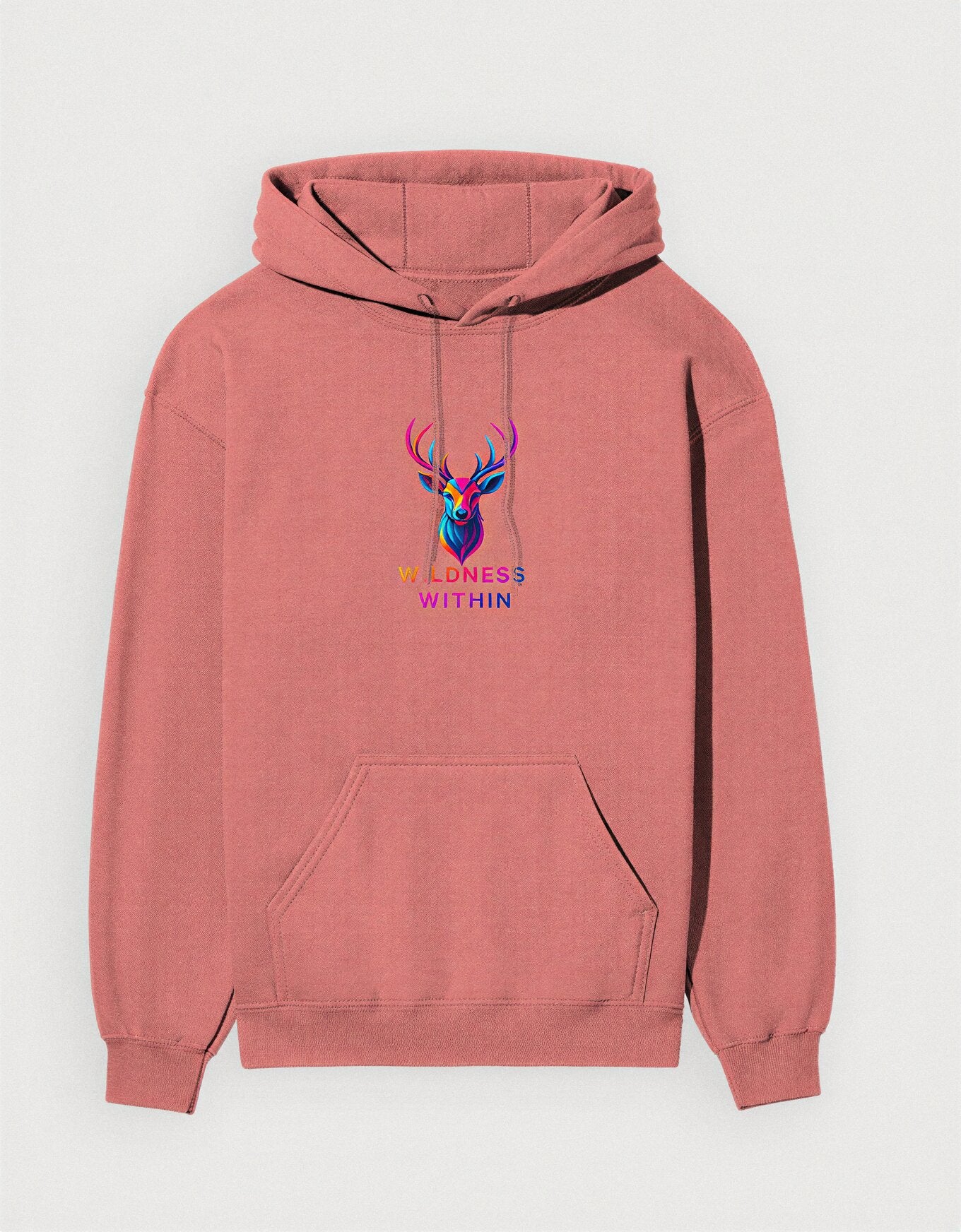Coral pink unisex hoodie with multicolor stag print and Wildness Within branding – cozy 300 GSM mindful streetwear by KalakarMod.