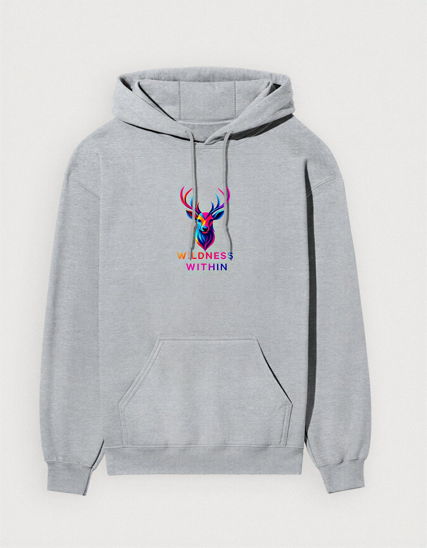 Grey unisex cotton hoodie featuring colorful stag design and Wildness Within logo – premium 300 GSM brushed fleece hoodie by KalakarMod India.