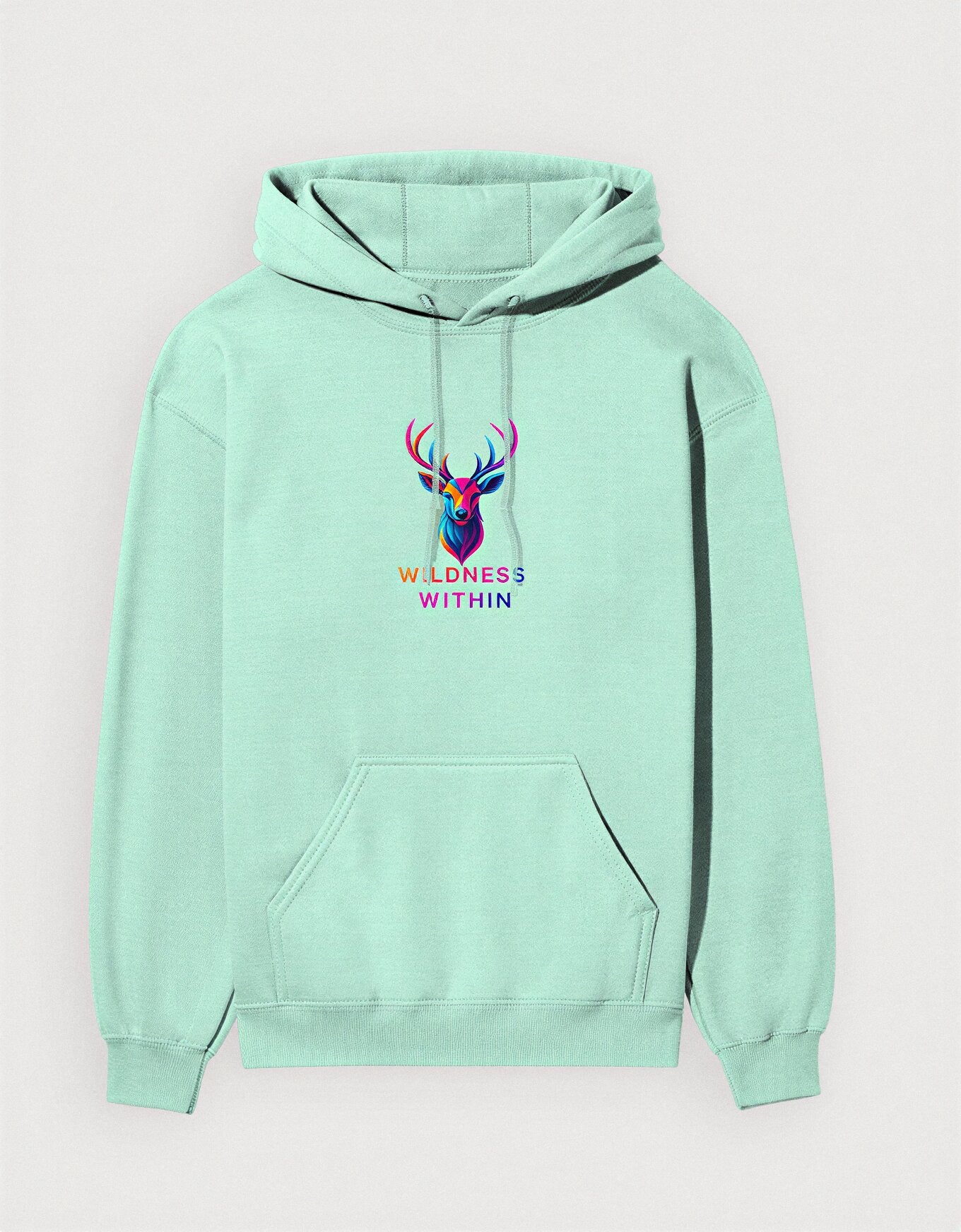 Mint green unisex hoodie with vibrant stag head emblem and Wildness Within text – spiritual streetwear hoodie by KalakarMod India.